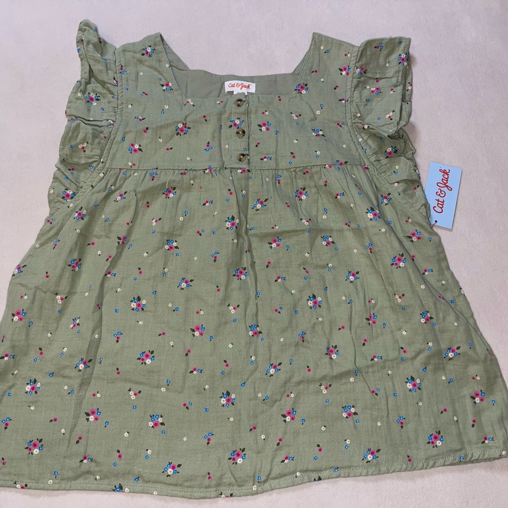 Cat & Jack Olive Green Floral Flutter Sleeve Top